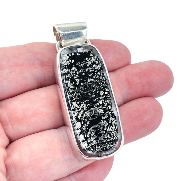 Vintage Jewelry - Vintage Sterling Silver 925 6.5cm Black Dichroic Glass Modernist Pendant